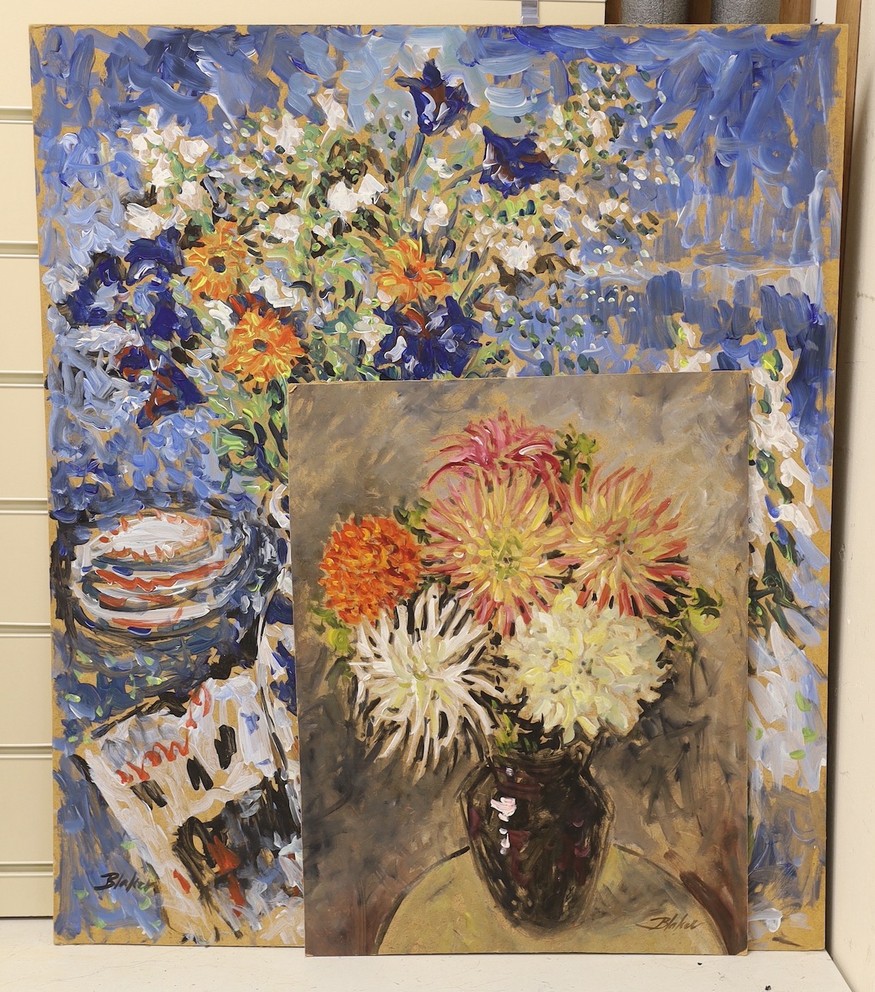 Michael Blaker (1928-2018) - Two still life subjects - vase of flowers, oil on board, signed, unframed, 72 x 61cms. and chrysanthemums in vase, oil on board, signed, unframed, 45 x 35.5cms.